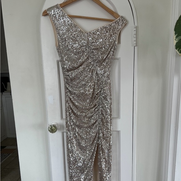 Self-Portrait ruched sequin midi dress with front side slit. - Picture 3 of 5